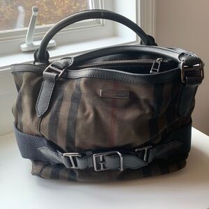 Burberry Dark Brown Plaid with Black Leather Trim Tote + Shoulder Strap